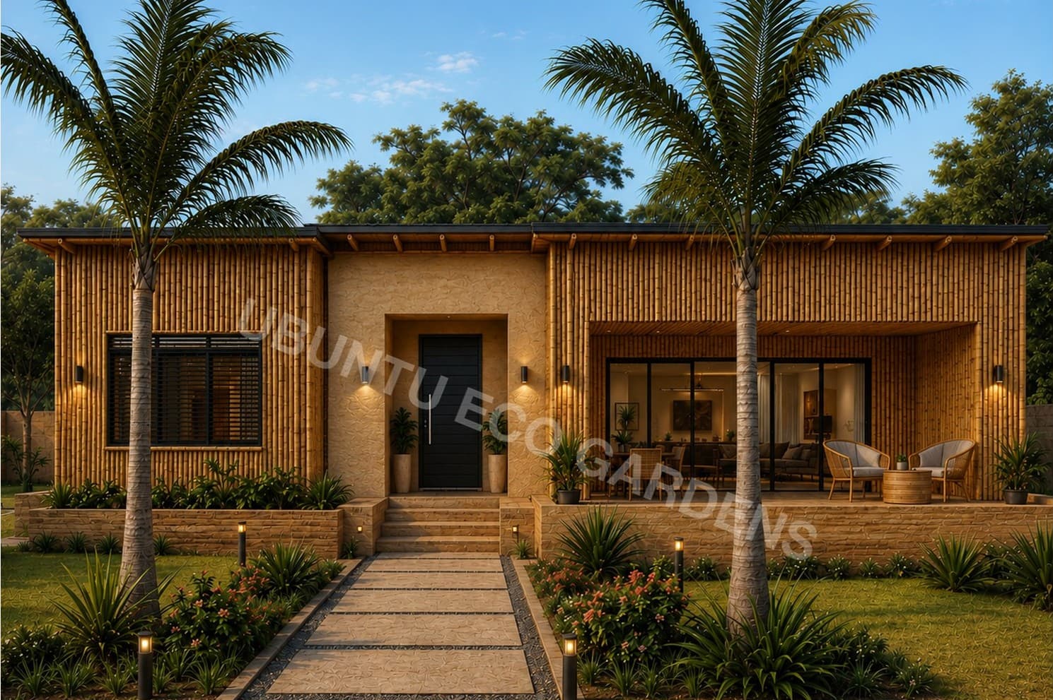 Concept render of the 2 Bed 3 Bath Ubuntu Eco Bungalow x BAMBU, a single-storey bamboo-clad home with a palm-lined entrance path