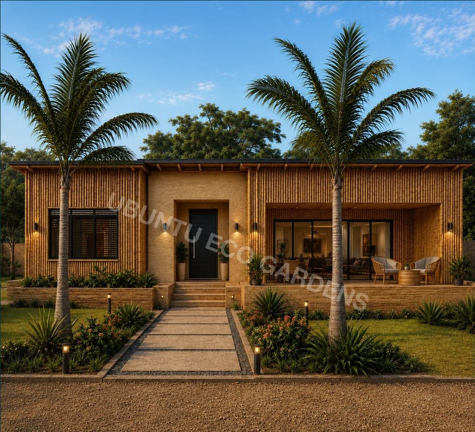 Concept render of the 2 Bed 3 Bath Ubuntu Eco Bungalow x BAMBU at dusk