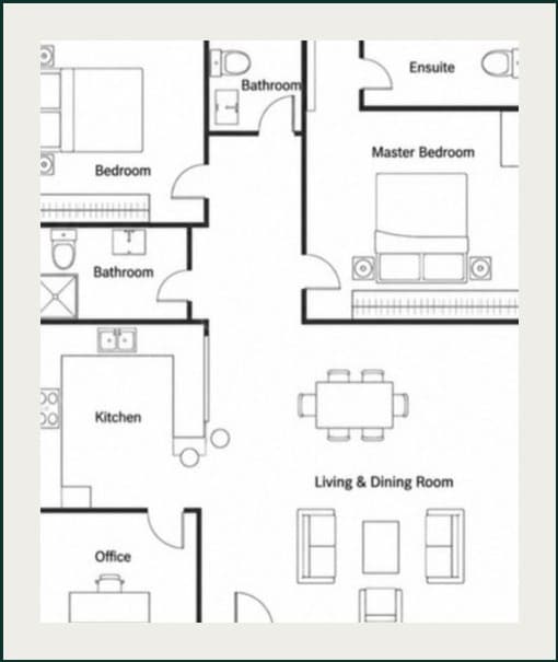 Floor plan of the 2 Bed 3 Bath Ubuntu Eco Bungalow x BAMBU, showing a master bedroom with ensuite, a second bedroom, two further bathrooms, kitchen, office, living and dining room, and a porch