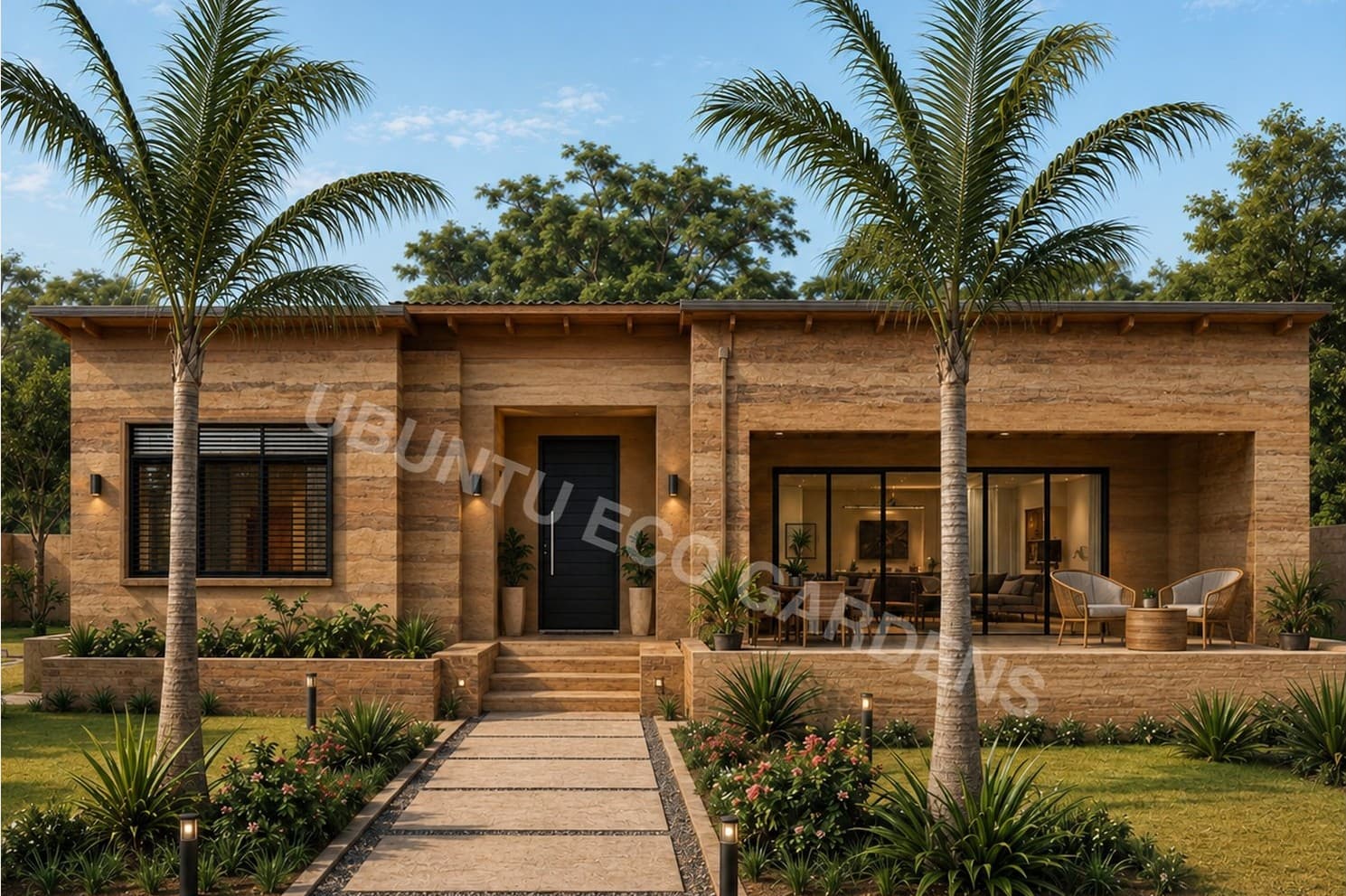 Concept render of the 2 Bed 3 Bath Ubuntu Eco Bungalow, a single-storey rammed-earth home with a palm-lined entrance path