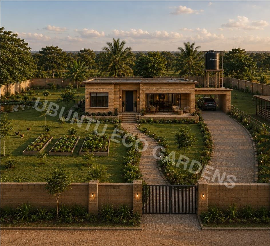 Aerial concept render of the 2 Bed 3 Bath Ubuntu Eco Bungalow within its garden and driveway