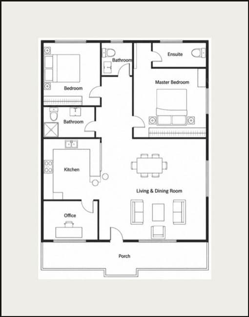 Floor plan of the 2 Bed 3 Bath Ubuntu Eco Bungalow, showing a master bedroom with ensuite, a second bedroom, two further bathrooms, kitchen, office, living and dining room, and a porch