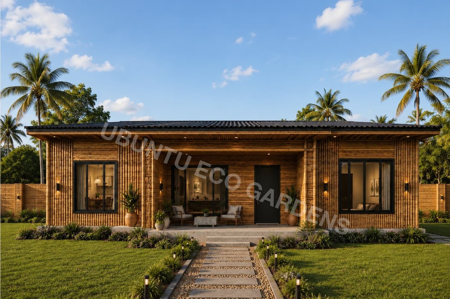 Concept render of the 3 Bed 2 Bath Ubuntu Eco Bungalow x BAMBU, a single-storey bamboo-clad home with a landscaped entrance path