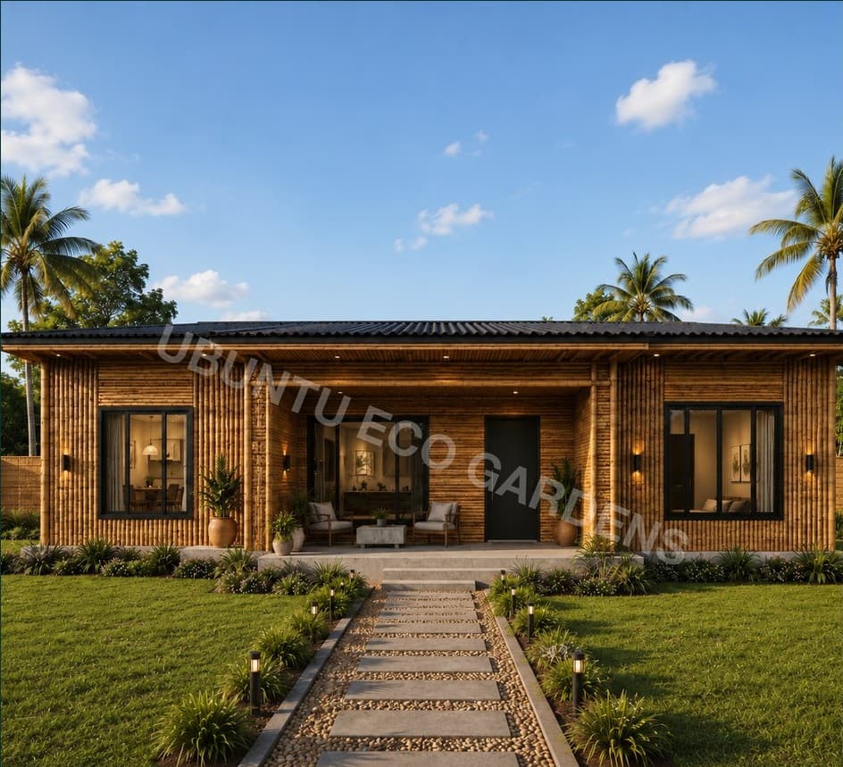 Concept render of the 3 Bed 2 Bath Ubuntu Eco Bungalow x BAMBU set within open land
