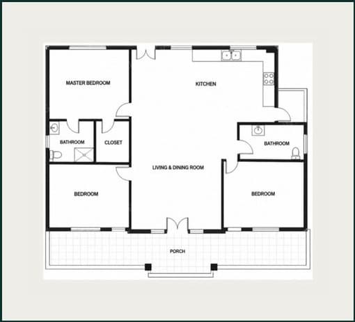 Floor plan of the 3 Bed 2 Bath Ubuntu Eco Bungalow x BAMBU, showing a master bedroom with closet, two further bedrooms, two bathrooms, kitchen, central living and dining room, and a porch