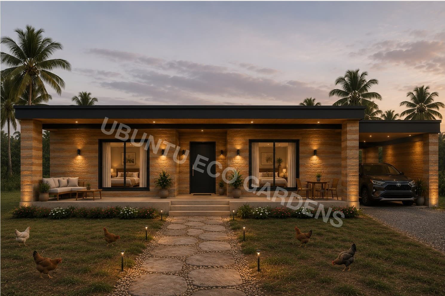 Dusk concept render of the 3 Bed 2 Bath Ubuntu Eco Bungalow with a lit pathway and carport