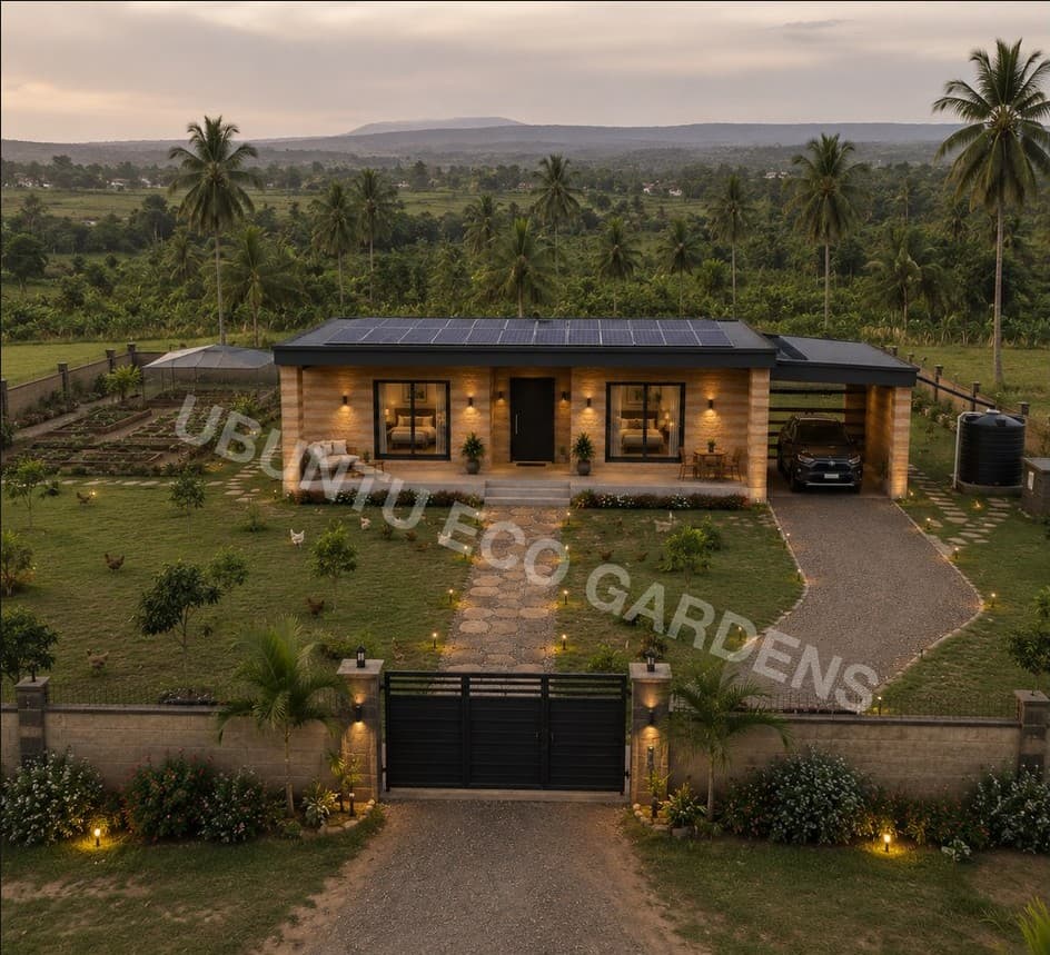 Aerial concept render of the 3 Bed 2 Bath Ubuntu Eco Bungalow at dusk, set within open land