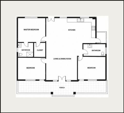Floor plan of the 3 Bed 2 Bath Ubuntu Eco Bungalow, showing a master bedroom with closet, two further bedrooms, two bathrooms, kitchen, central living and dining room, and a porch