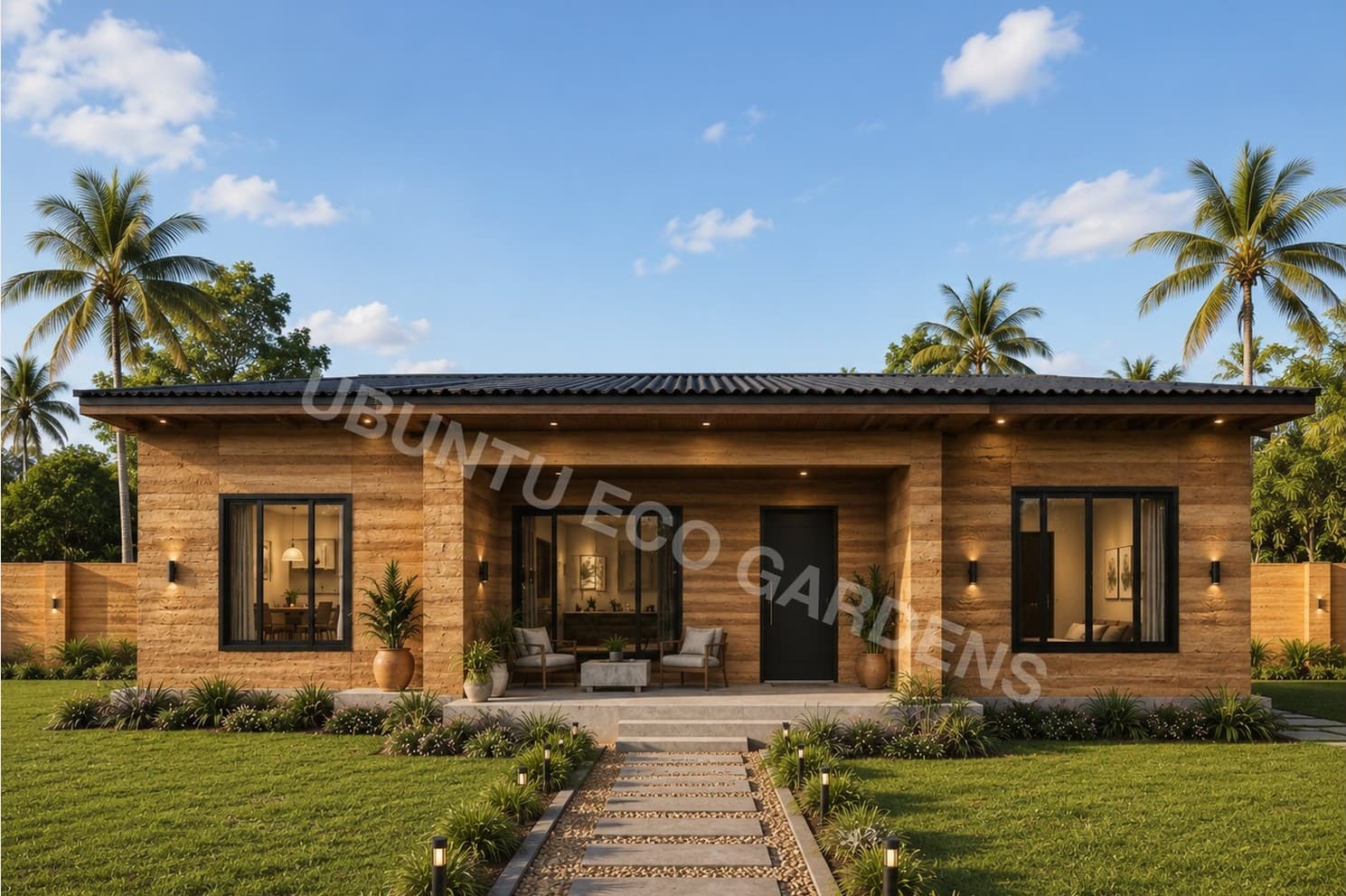 Concept render of the 4 Bed 3 Bath Ubuntu Eco Bungalow, a single-storey home with a landscaped path to the front door
