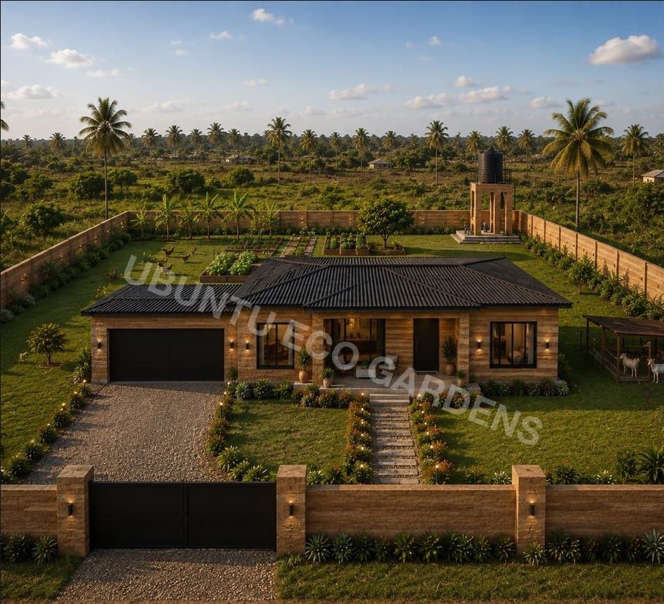 Aerial concept render of the 4 Bed 3 Bath Ubuntu Eco Bungalow with solar panels and surrounding gardens