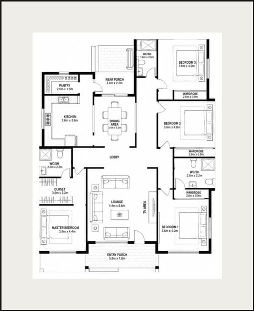 Floor plan of the 4 Bed 3 Bath Ubuntu Eco Bungalow, showing a master bedroom, three further bedrooms each with a wardrobe, three WC/shower rooms, a lounge, kitchen, pantry, dining area, and entry and rear porches
