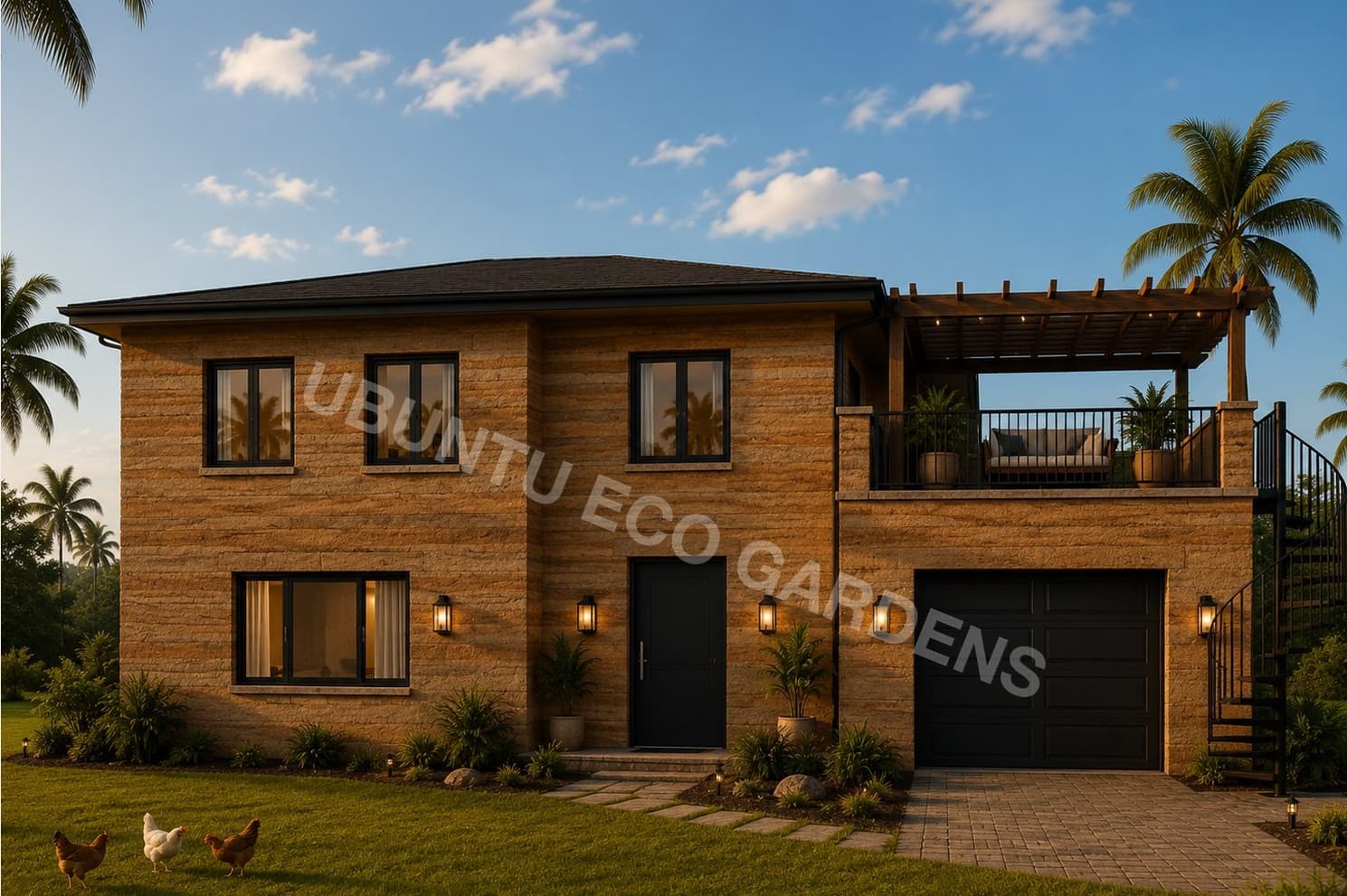 Concept render of the 4 Bed 3 Bath Ubuntu Eco Home, a two-storey home with an integrated garage and roof terrace