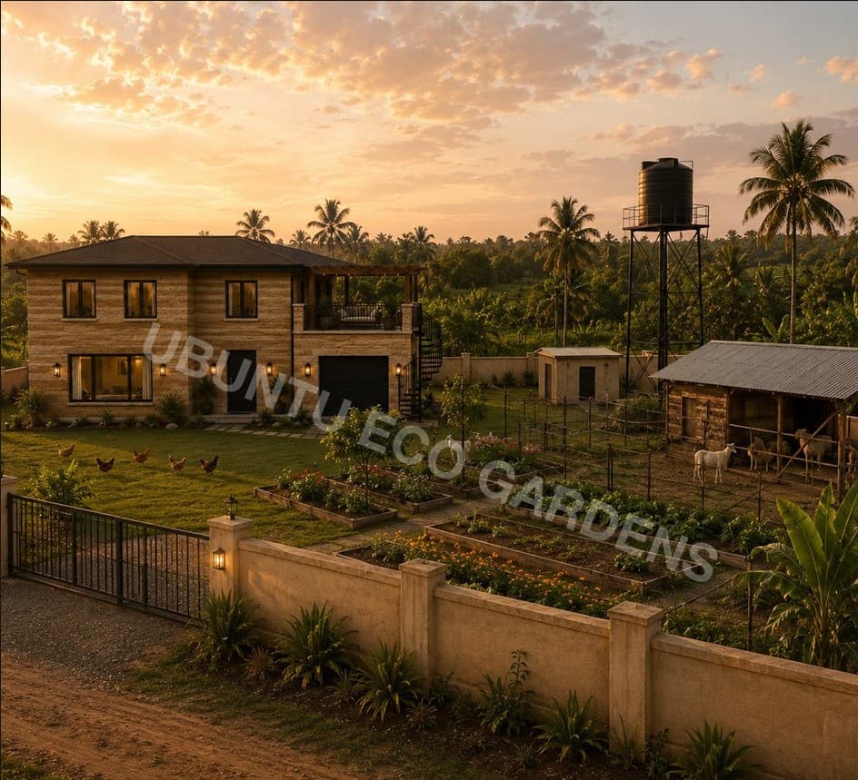 Aerial dusk concept render of the 4 Bed 3 Bath Ubuntu Eco Home within its plot