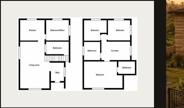 Ground and first floor plans of the 4 Bed 3 Bath Ubuntu Eco Home, showing a ground-floor bedroom/office, kitchen, living room and mud room, and three first-floor bedrooms with two bathrooms