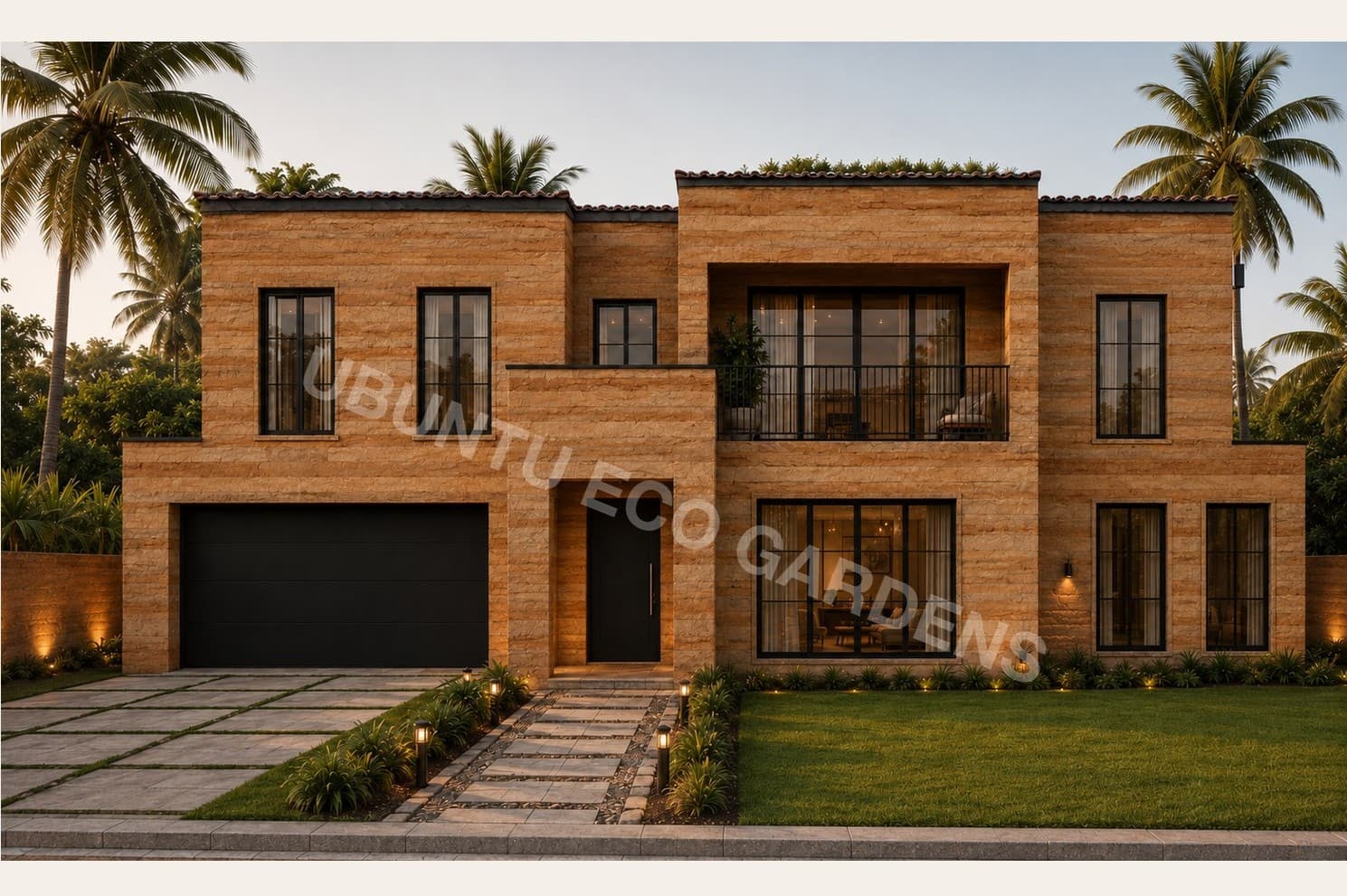 Concept render of the 5 Bed 5 Bath Ubuntu Eco Home, a two-storey home with an integrated garage and upper balcony