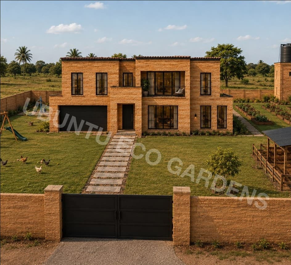 Aerial concept render of the 5 Bed 5 Bath Ubuntu Eco Home within its walled plot