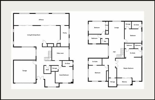 Ground and first floor plans of the 5 Bed 5 Bath Ubuntu Eco Home, showing a ground-floor guest bedroom with en-suite, alfresco terrace, living and dining room, video room, pantry and garage, and a first floor with a master bedroom, three further bedrooms, a lounge, en-suites, bathrooms and a balcony