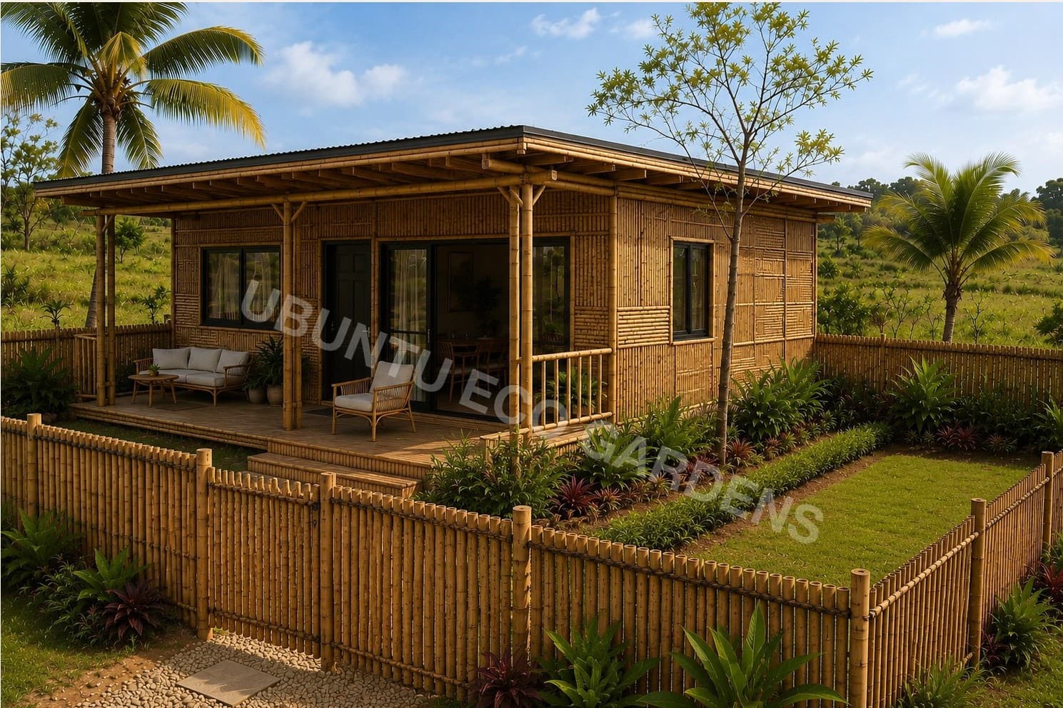Concept render of the 1 Bed Ubuntu Eco Lodge x BAMBU, a single-storey home clad entirely in bamboo, with a covered porch and fenced garden