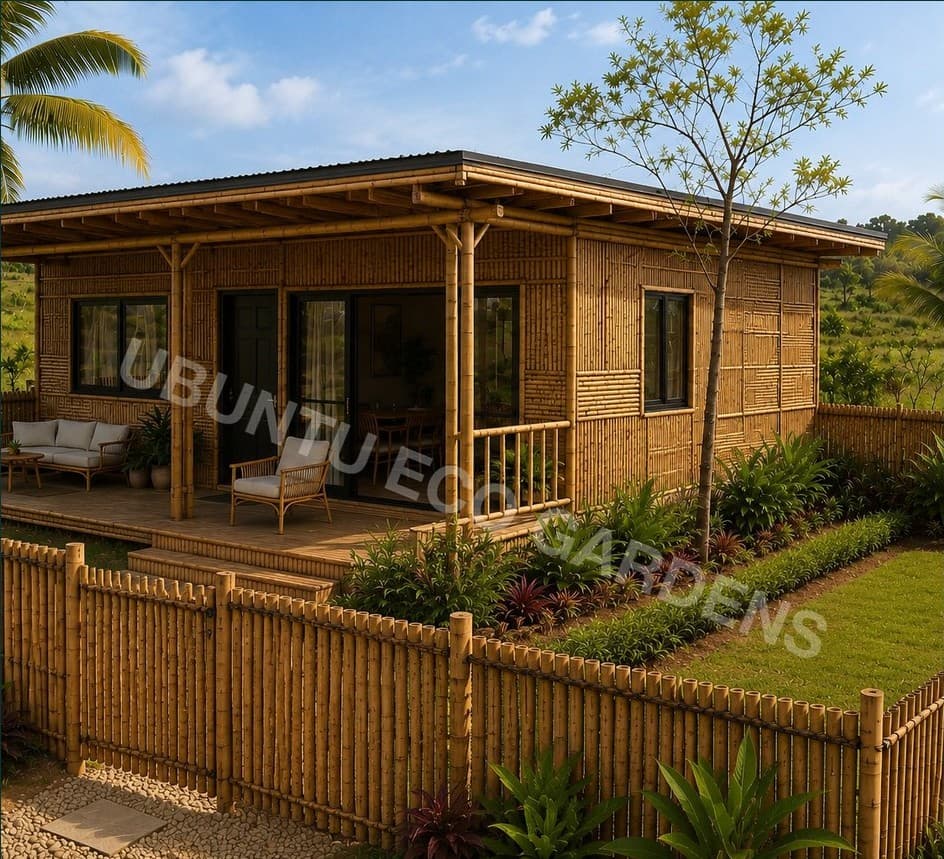 Concept render of the 1 Bed Ubuntu Eco Lodge x BAMBU showing its bamboo porch, outdoor kitchen and hot tub