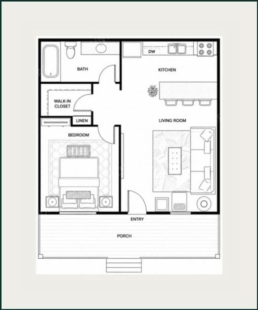 Floor plan of the 1 Bed Ubuntu Eco Lodge x BAMBU, showing a bedroom with walk-in closet, bathroom, kitchen, living room and covered porch