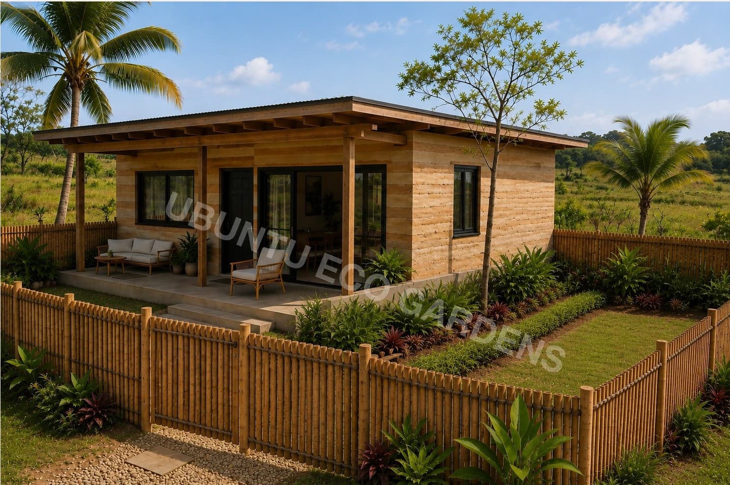 Concept render of the 1 Bed Ubuntu Eco Lodge, a single-storey timber-clad home with a covered porch and fenced garden