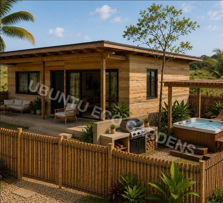 Evening concept render of the 1 Bed Ubuntu Eco Lodge, showing the covered porch, outdoor kitchen and hot tub