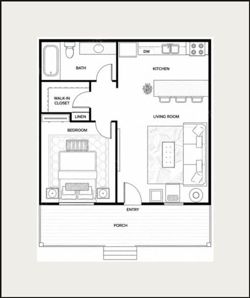 Floor plan of the 1 Bed Ubuntu Eco Lodge, showing a bedroom with walk-in closet, bathroom, kitchen, living room and covered porch