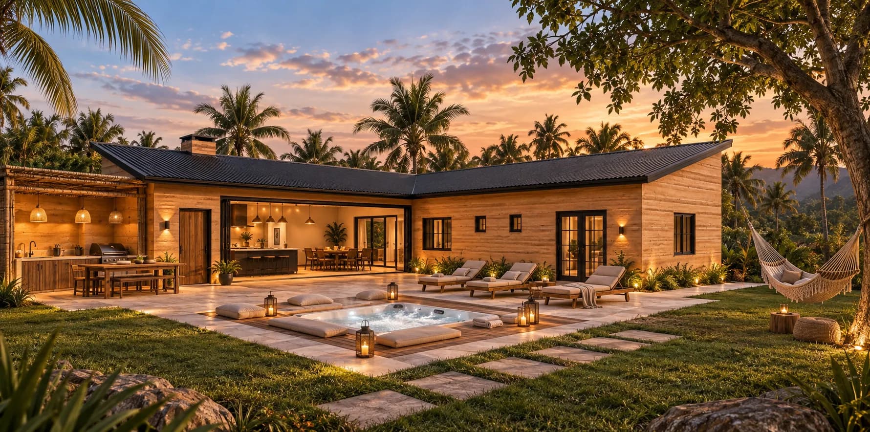 Sunset view of the 2 Bed Premium Eco Lodge with terrace, jacuzzi, outdoor kitchen and hammock