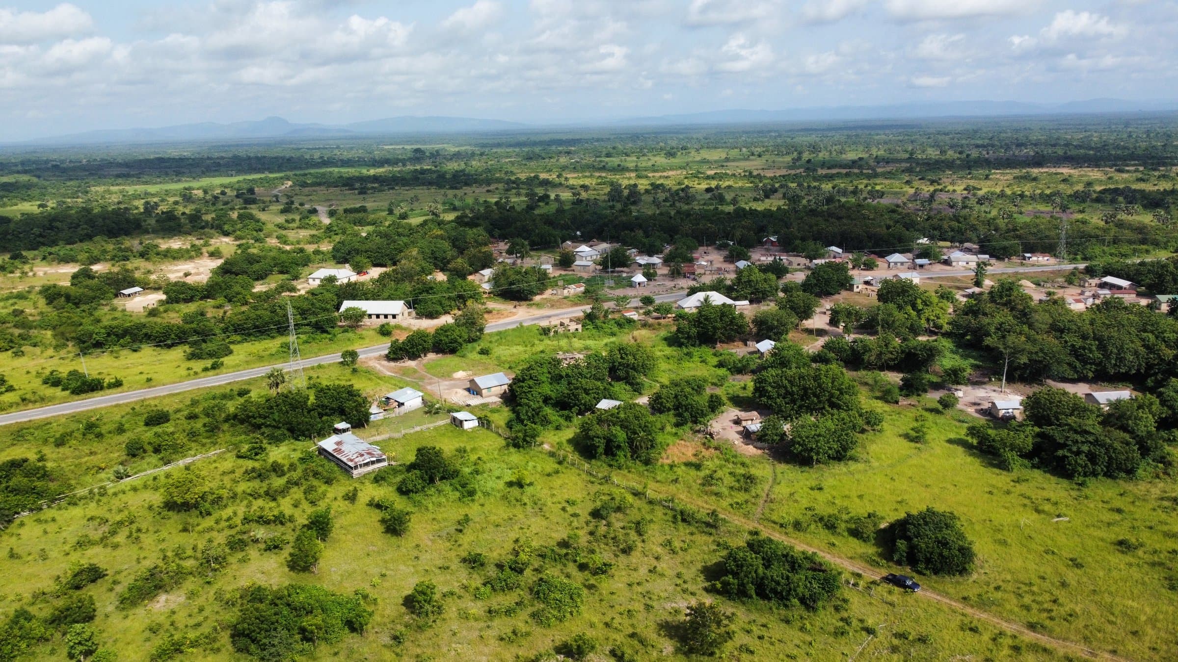 Aerial drone photo of the Ubuntu Eco Gardens site and surrounding Adaklu community