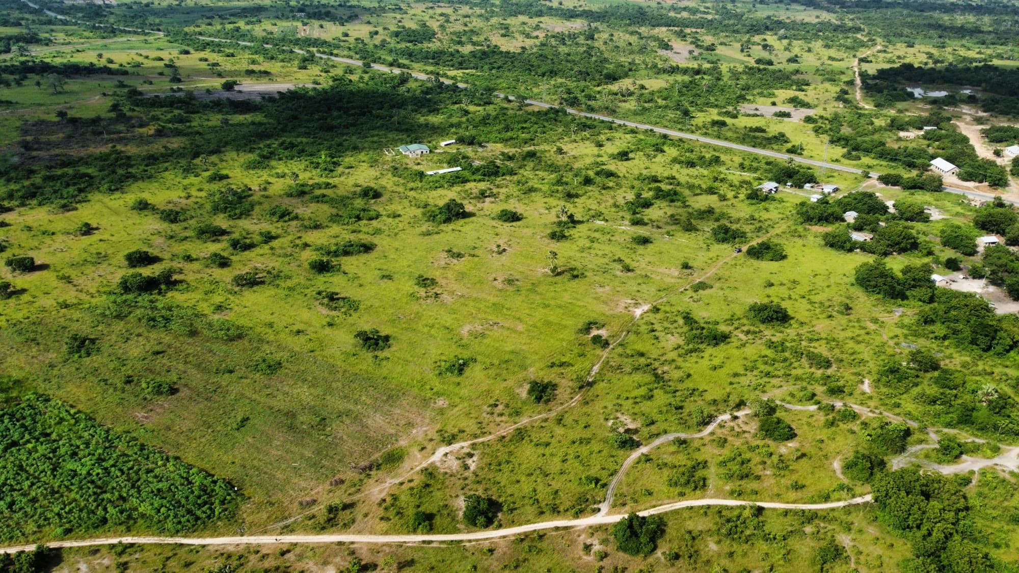 Aerial drone photo of the open land at Ubuntu Eco Gardens in Adaklu