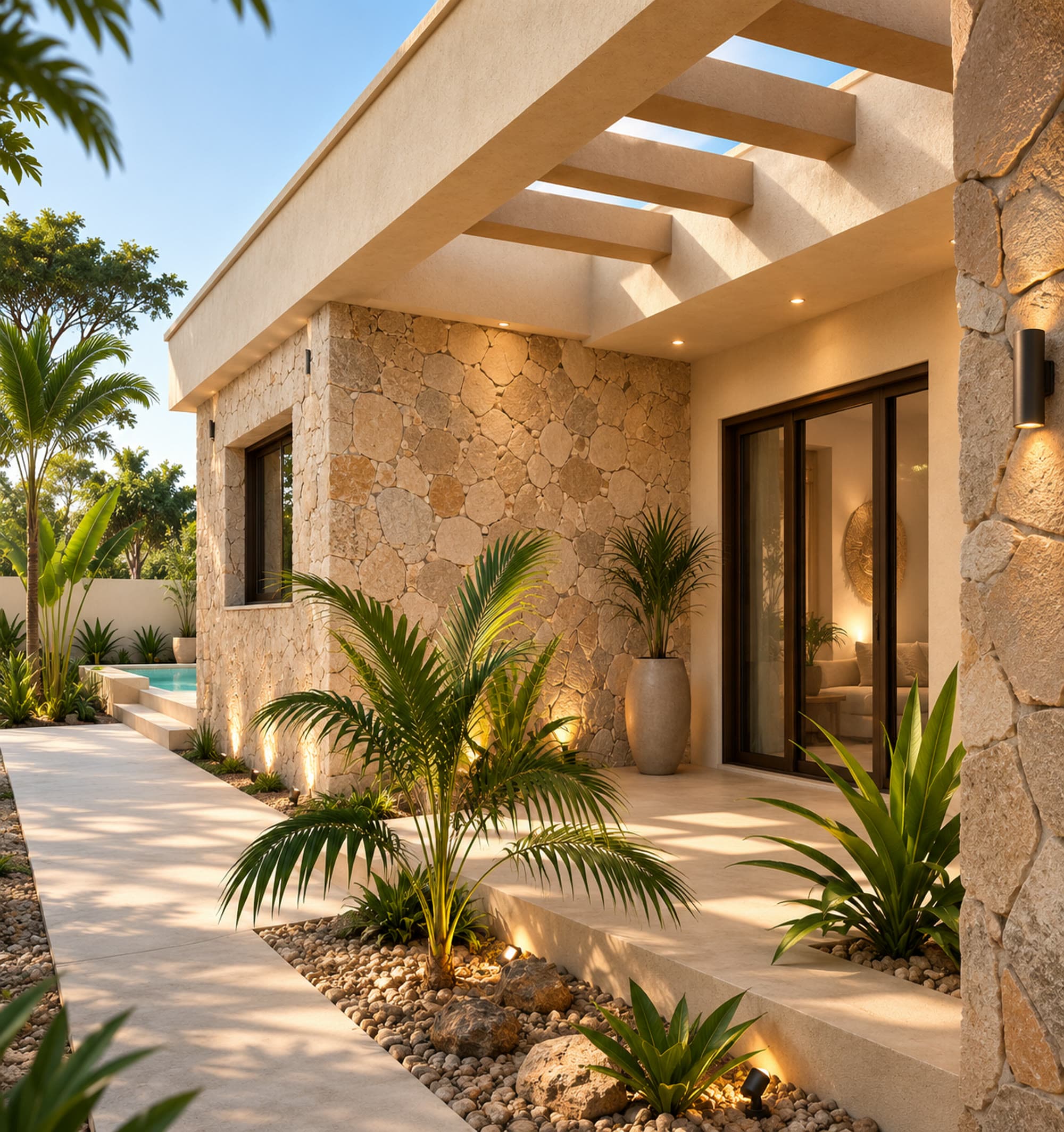 A private pool and stone-clad patio at an Ubuntu Eco Gardens villa concept