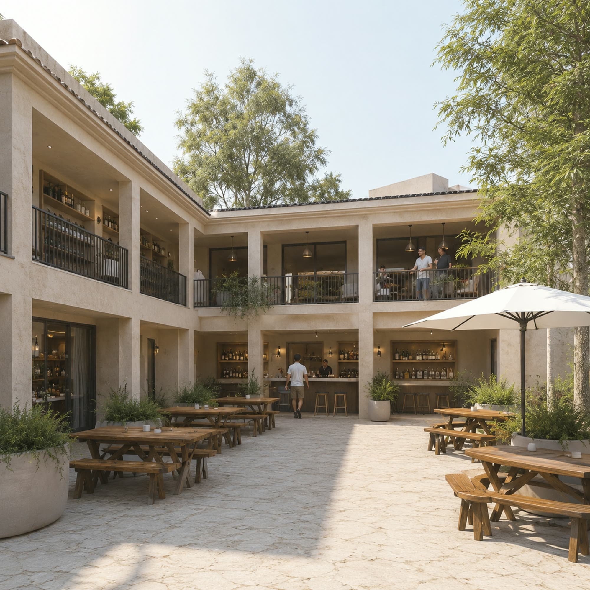 Concept design for the Ubuntu Eco Gardens village square, with covered dining and seating around a courtyard